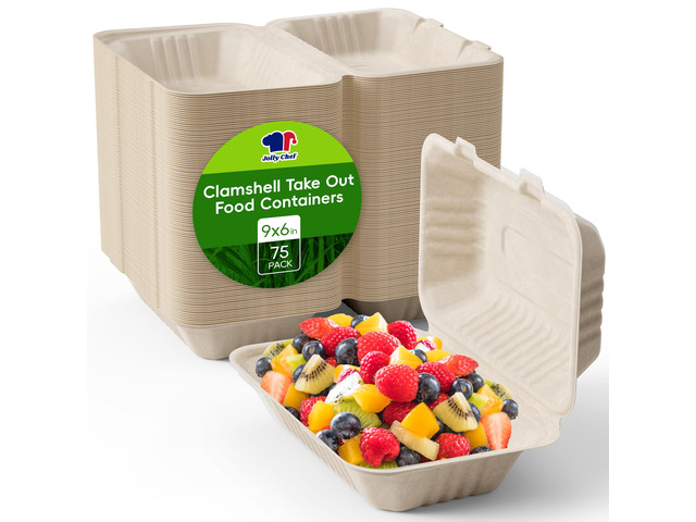 Clamshell Take Out Food Containers, [75-Pack 9 * 6'] To Go Containers Disposable, 100% Compostable Sugarcane To Go Boxes for Salad,Lunch