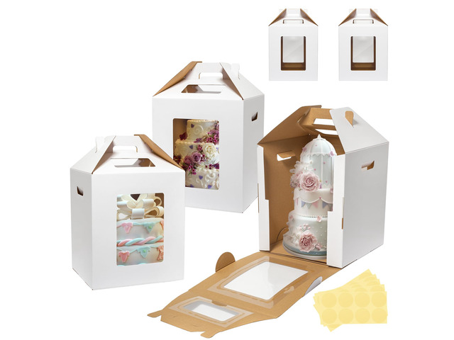 5 Pack Tall Cake Boxes for Tier Cakes 16x16x18 Inch with Window Large Tierd Bakery Take Out Transport Container with Handle, Disposable Layer...