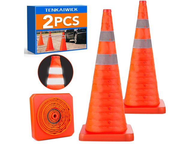28 Inch 2 Pack Traffic Cones, Collapsible Safety Cones, Multi Purpose Pop-up Cones with Reflective Collar, Orange Cones for Parking lot, Driveway,...