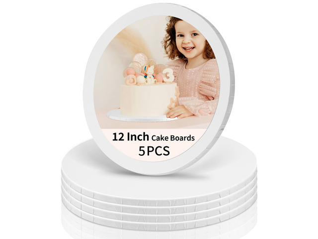 Cake Boards 12 Inch Round - Sturdy 1/2 Inch Drum, Corrugated Base for Multi-Layer Cakes, White, 5 Pcs