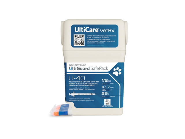 UltiGuard Safe Pack U-40 Pet Insulin Syringes, 1/2cc, 29G x 1/2', 100 Ct HU VetRx All-in-One Insulin Syringes and Sharps Container, Works with Any...