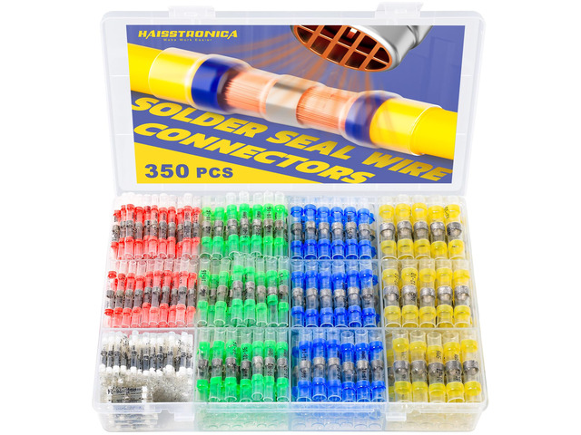 350PCS Solder Seal Wire Connectors Kit, 5 Colors/5 Sizes 26-10 AWG, Wire Gauge Markings, Clear Sleeves, Hot-Melt Adhesive Rings, Compartment...