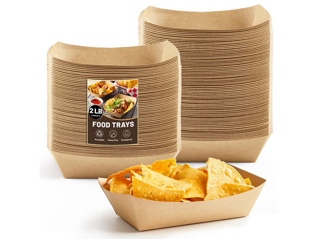 200 Pack 2 Lb Paper Food Trays Disposable, Brown, Nacho Trays, Food Boats, Take Out Basket Holders, For Serving Party Snacks Hot Dogs Tacos Fries