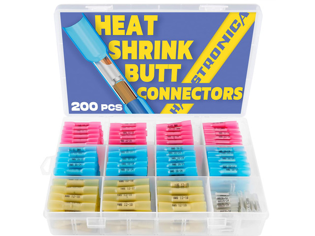 200PCS Heat Shrink Butt Connectors, 26-10 AWG 3:1 adhesive-lined heat shrink, built-in wire stop 4 color-coded sizes for marine, automotive, and...