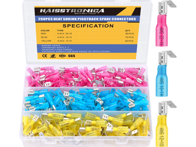 200PCS Heat Shrink Piggyback Spade Connectors, 22-10 AWG Branch and Disconnect at One Connection, Main and Branch Leads at One Connection, 3:1...