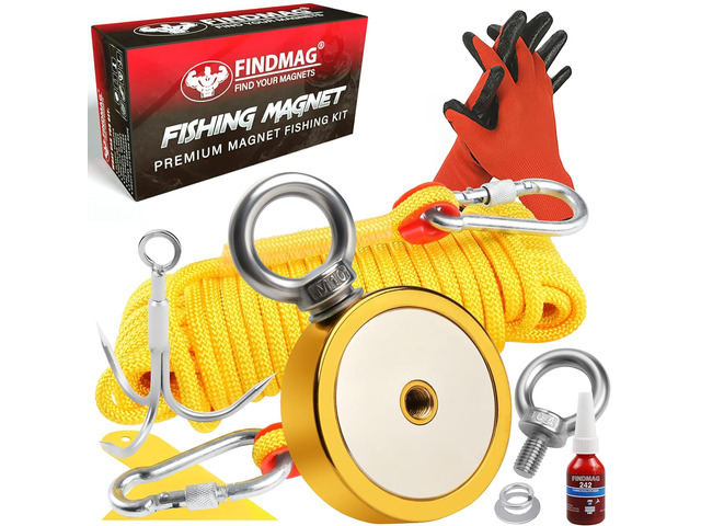 1000 LBS Fishing Magnet Kit, 3.7 Inch Fishing Magnet with Hole Magnet Fishing Kit Includes Powerful Magnet, Gloves, 32 Foot Rope, Grappling Hook,...