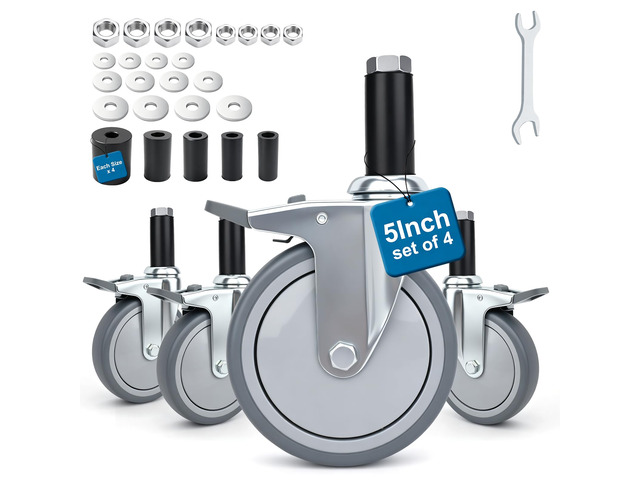 5 Inch Expanding Stem Casters with 5 Size Rubber Sleeves With Brake, Fit for 1', 1-1/8', 1-1/4', 1-2/5', 1-5/8' Stainless Steel Table, Cart,...