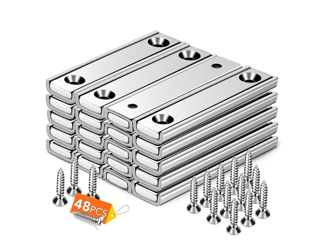 Magnets Strips,45LBS 24 Packs Countersunk Hole Magnet with Screws Silver Heavy Duty Magnetic Plate with Rare Earth Neodymium for Cabinet Bar Flat...