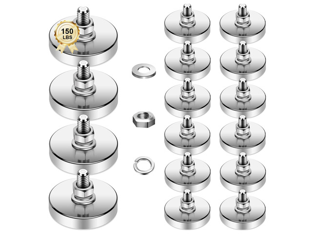 16 Packs Super Strong Round Magnet 36mm/1.42in D 150 lb Corrosion-Resistant Neodymium Mounting Magnet with M6 Male Thread Nuts Bolts for Lighting...