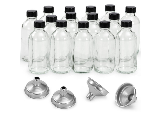 15 Pack, 4 oz Small Clear Glass Bottles with Lids & 4 Stainless Steel Funnels - 120ml Boston Sample Bottle for Potion, Juice, Wellness, Ginger...