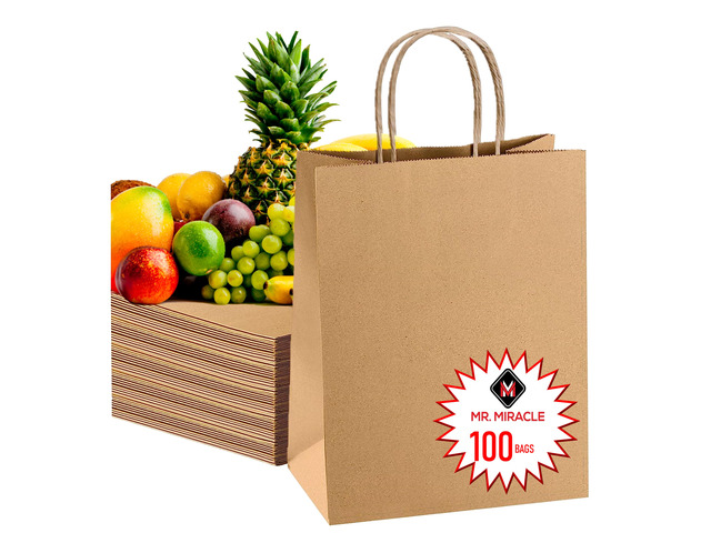 57 Lb Large Kraft Paper Grocery Bags with Handles 100 Count - 12 x 17 x 7 - Durable, Reusable & Eco-Friendly Shopping Bags, Brown Kraft Take-Out...