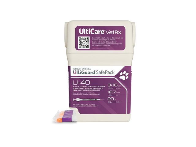 UltiGuard Safe Pack U-40 Pet Insulin Syringes, 3/10cc, 29G x 1/2', 100 Ct VetRx All-in-One Insulin Syringes and Sharps Container, Works with Any...