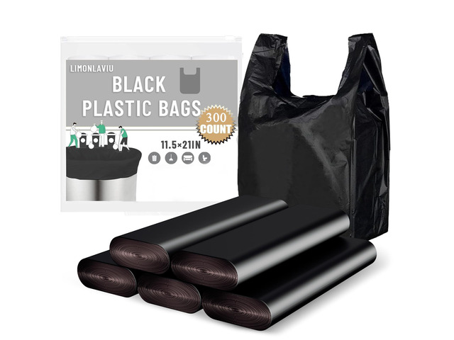Plastic Bags Black, (11.5'x 6.5' x 21')(300Pack) with Handles - Shopping & Grocery Bags for Small Business & Restaurants in Bulk