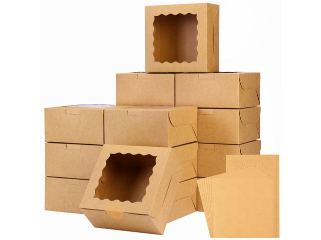 24pcs Cookie Boxes with Window, 6x6x3 In Brown Bakery Boxes Treat Boxes with 24 Parchment Papers & Blank Kraft Stickers, Dessert Containers for...