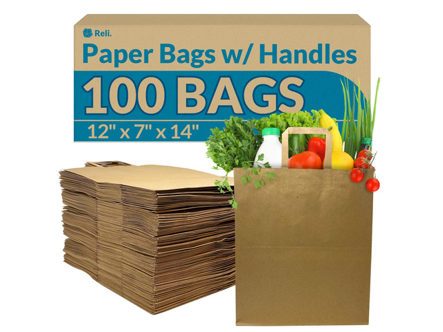 Paper Grocery Bags w/Handles 100 Pcs Bulk Pack (12'x7'x14') Heavy Duty 57 Lbs Basis Large Paper Grocery Bags with Handles Shopping,...