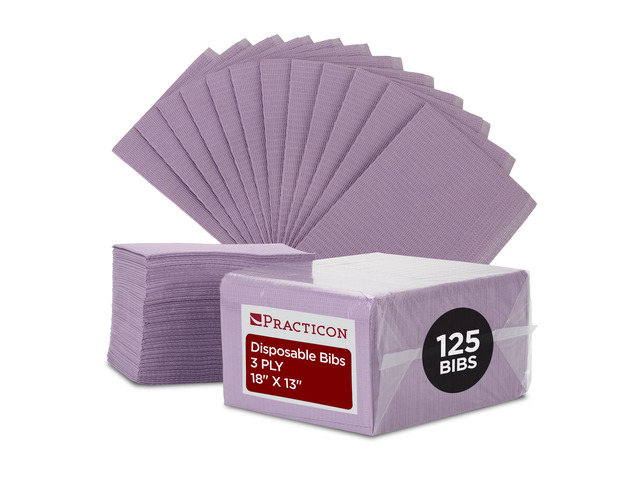 125 Pack Lavender Disposable Patient Bibs, 18' x 13', 3 Ply Waterproof Paper Bib Sheet with Poly Back, Dental, Medical, Tattoo, Nail Tray or Table...