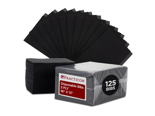 125 Pack Black Disposable Patient Bibs, 18' x 13', 3 Ply Waterproof Paper Bib Sheet with Poly Back, Dental, Medical, Tattoo, Nail Tray or Table...