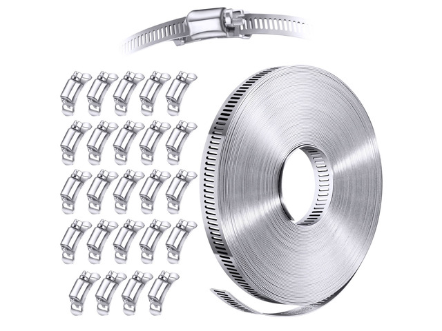 Stainless Steel Worm Gear Hose Clamp Assortment Kit, Cut-To-Fit DIY 50FT Strap+24 Fasteners, Large Adjustable Band Clamps Strapping for Pole Mount,...
