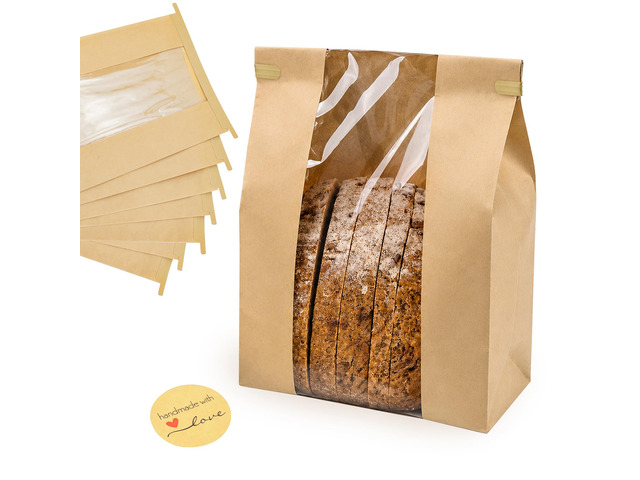 50 Pack Large Paper Sourdough Bread Bags with Tin Tie Tabs & 100 Stickers 14' X 8.3' X 3.5' Kraft Bags with Clear Window Bread Bags for Homemade...