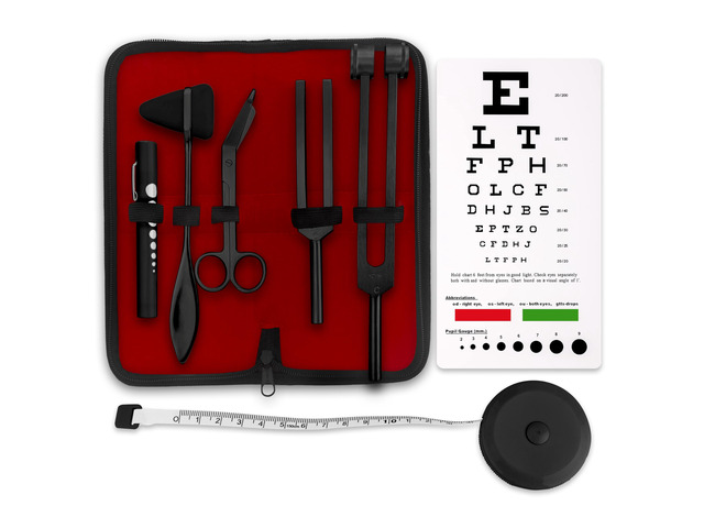 Premium 7 Piece Tactical Black Diagnostic Kit - Taylor Hammer, Measuring Tape, Tuning Forks, Bandage Scissors, Pupil Gauge Penlight, Snellen Eye...