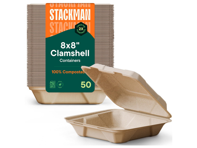 100% Compostable Clamshell Take Out Food Containers [8X8' 50-Pack] Heavy-Duty Quality to go Containers, Natural Disposable Bagasse, Eco-Friendly...