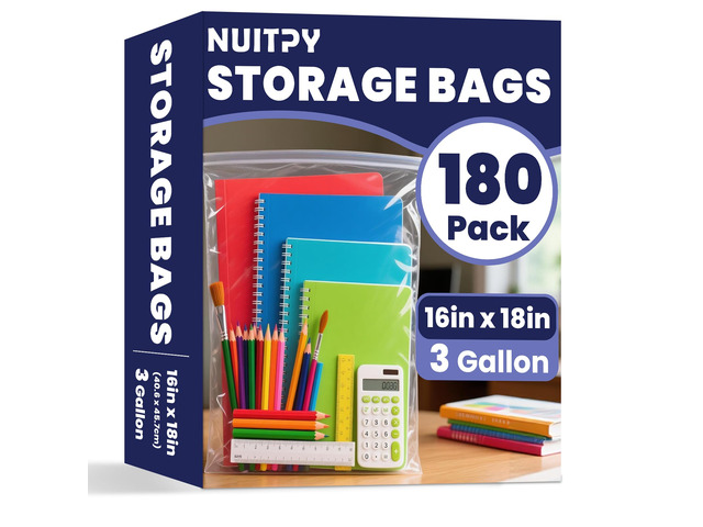 180 Pack Large 3 Gallon Storage Bags with Zipper Top, 16 x 18in Zipper Bags Clear Plastic Bag for Storage, Reusable, Sealable Storage Bag for...