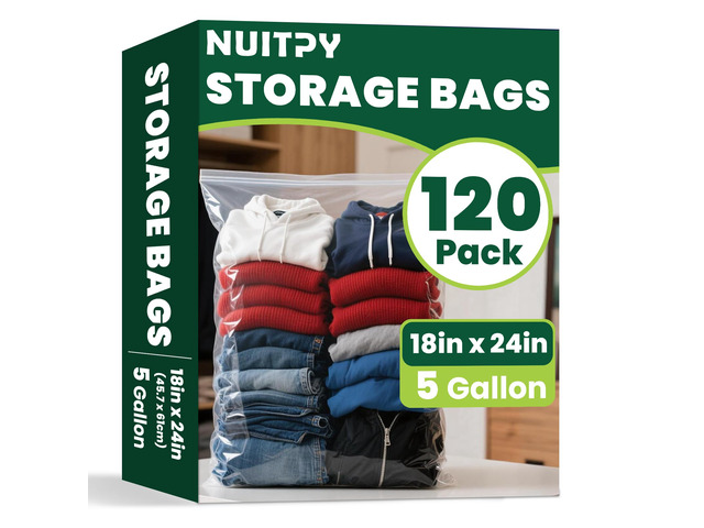 120 Pack Large 5 Gallon Storage Bags with Zipper Top, 18 x 24in Zipper Bags Clear Plastic Bag for Storage, Reusable, Sealable Storage Bag for...