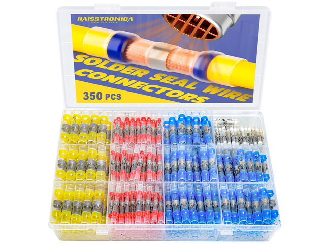 350PCS Solder Seal Wire Connectors Kit, 4 Colors/4 Sizes 26-10 AWG, Wire Gauge Markings, Clear Sleeves, Hot-Melt Adhesive Rings, Compartment...