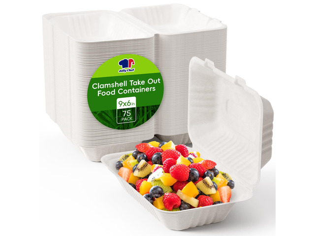 Clamshell Take Out Food Containers, [9 * 6' 75-Pack] To Go Containers Disposable, Sugarcane To Go Boxes for Salad,Lunch