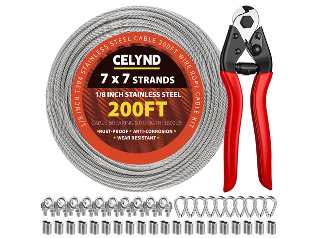 1/8 Stainless Steel Cable Kit - 200ft 1/8' Wire Rope with Cutter Heavy Duty 7x7 Strands for Outdoor String Light Hanging Deck Railing Clothesline...