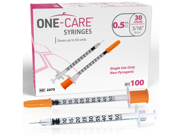Syringes 0.5ml/cc, 30G x 5/16'(8mm), Orange Cap, 100/bx Fine Tip, Home & Lab Use, Clear Barrel, Bold Scale, Smooth Plunger Movement with back-end...