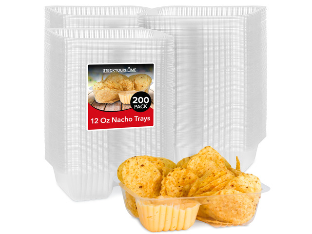 12oz Plastic Nacho Trays (200 Pack) Small Disposable Tray for Nachos & Cheese Dip, Concession Stand Supplies, Movie Night Snacks for Kids, Carnival...