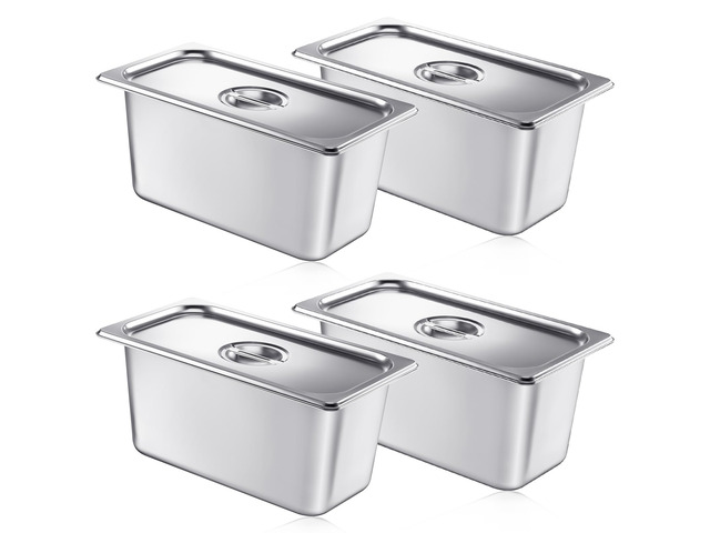 4 Pack Stainless 1/3 Size x 6 Inch Deep Steam Table Pans with Lids Designed for Serving and Food Prep at Buffets, Restaurants, Hotels, Parties, and...