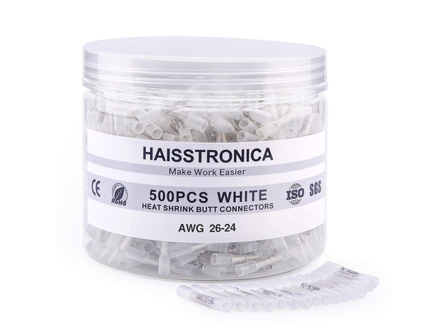 500PCS Heat Shrink Butt Connectors, 26-24 AWG White 3:1 adhesive-lined heat shrink, built-in wire stop, single-size bulk pack for stereo, speaker,...