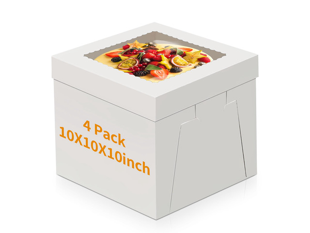 Cake Boxes 10 inch, Cake Carrier Holder, Storage Transport Container 10×10×10 in, 4 Pcs, Thick Cardboard, Tall and Large, with Clear Window, Easy...