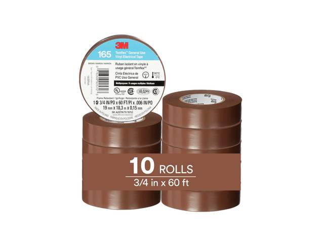 Temflex Vinyl Electrical Tape 165, 3/4 in x 60 ft, Brown, 10 Roll Pack Multi-Purpose, 19 mm x 18 m