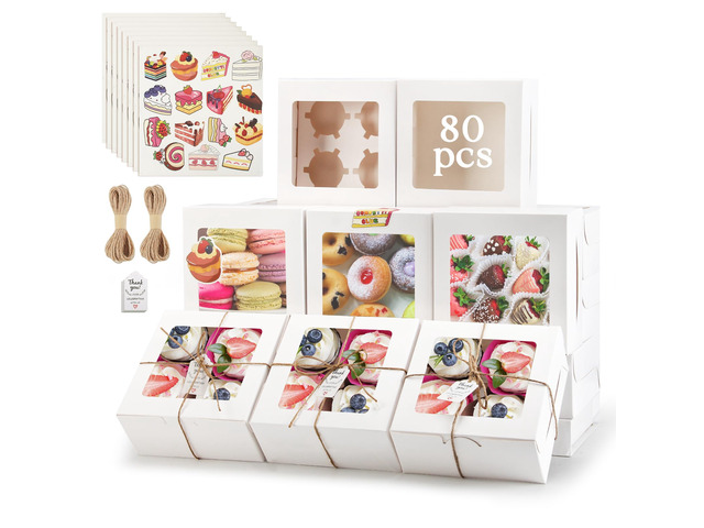Cupcake Boxes with Window, 6x6x3 Inches Cookie Boxes,80 Pack,White Bakery Treat Boxes for Pastry, Desserts, Chocolate Strawberries, Cupcake...