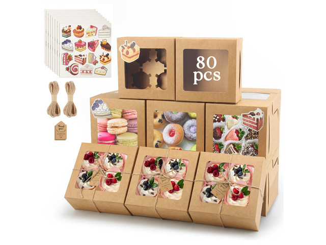 Cupcake Boxes with Window, 6x6x3 Inches Cookie Boxes,80 Pack,Brown Bakery Treat Boxes for Pastry, Desserts, Chocolate Strawberries, Cupcake...
