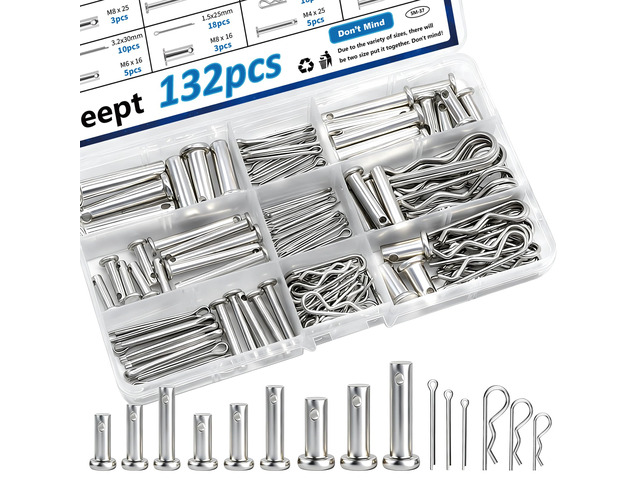 132Pcs Clevis Pin Assortment Kit - 304 Stainless Steel Cotter Pins & Carbon Steel Clevis Pins for Trailer Latch - Single Hole Clevis Pins for...