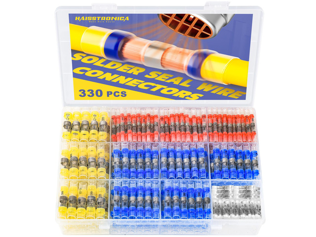 330PCS Solder Seal Wire Connectors Kit, 4 Colors/4 Sizes 26-10 AWG, Wire Gauge Markings, Clear Sleeves, Hot-Melt Adhesive Rings, Compartment...