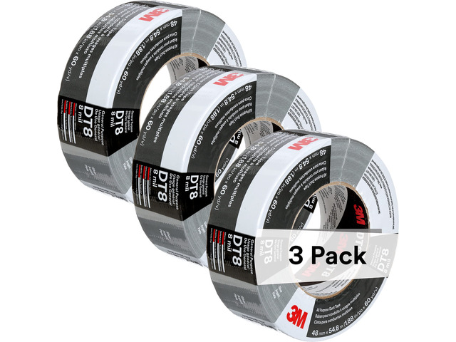 All Purpose Duct Tape DT8, Silver, 1.88 in x 60 yd, 8 mil, 3 Roll/Pack Industrial Strength, Tear by Hand, Perfect for HVAC, Bundling, Moisture...