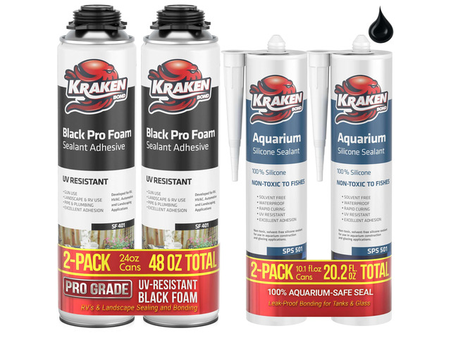 Black Spray Waterfall Foam Sealant 2x24 oz & Aquarium Silicone Sealant 2x10.1 fl. oz Bundle for Vivarium, Terrarium, Fountain & Aquascape...