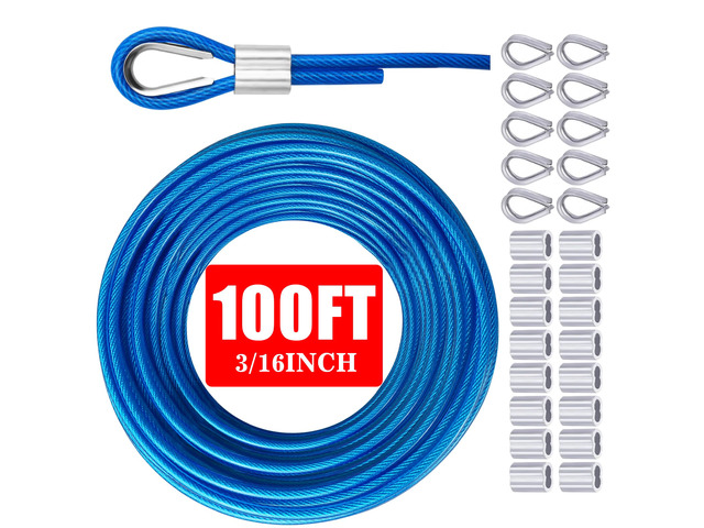 Vinyl Coated Galvanized Steel Wire Rope 3/16' PVC Covered Steel Cable 50ft/100ft/150ft/200ft, Ideal String Light Hanging Cable