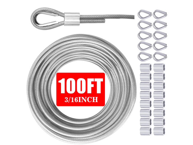 Vinyl Coated Galvanized Steel Wire Rope 3/16' PVC Covered Steel Cable 50ft/100ft/150ft/200ft, Ideal String Light Hanging Cable