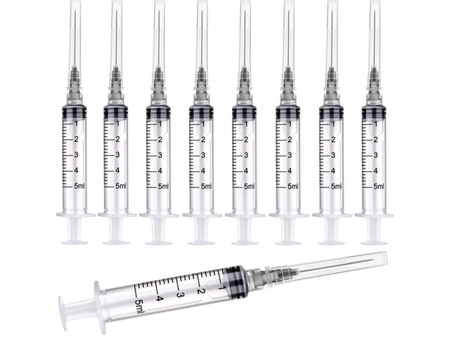 100 Pack 5ml/cc Plastic Luer Lock Syringa with 22Ga and Cap, Individually Sealed Wrapped, for Scientific Labs, Measuring Liquid, Refilling...