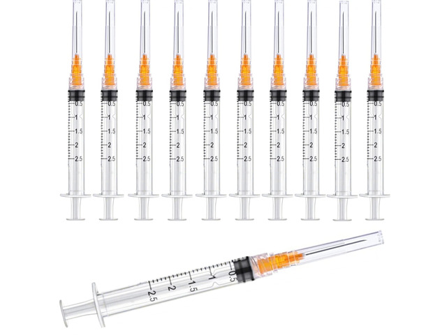 100 Pack 2ml (2.5ml) Plastic Luer Lock Syringa with 25Ga and Cap, Individually Sealed Wrapped, for Scientific Labs, Measuring Liquid, Refilling...