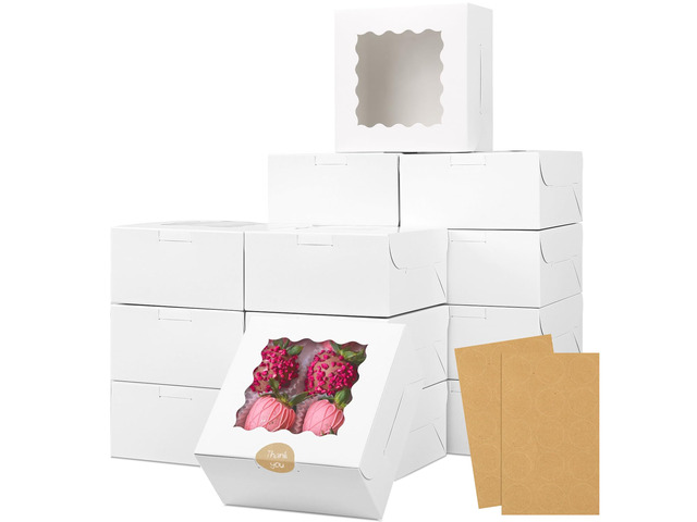 30pcs Cookie Boxes with Window, 6x6x3 Inches White Bakery Boxes Food-grade Treat Boxes, Dessert Boxes for Chocolate Covered Strawberries, Pastries