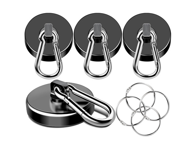 Strong Magnetic Hooks Heavy Duty 200LBS+ Black Swivel Magnet Hook Neodymium Magnets with Carabiner Hook Magnet Hooks for Curtain Workplace 4 Pack
