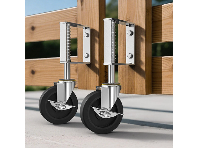 4 Inch Heavy Duty Spring Loaded Gate Casters with Brake, 2 Pack 220lbs max capacity. Adjustable spring design absorbs shock on uneven ground....