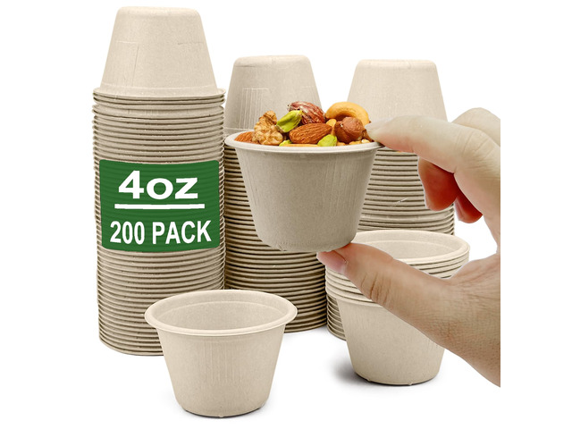 4 oz Disposable Bagasse Fiber Souffle Cups 200pk, 100% Natural Biodegradable Compostable Condiment cups Sample Cup Tasting Cup (Natural, Pack of 200)